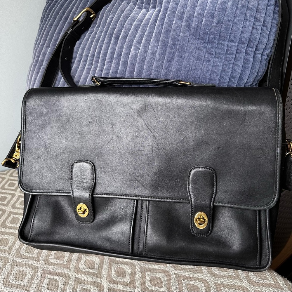 Coach Black Leather Briefcase with Gold Accents